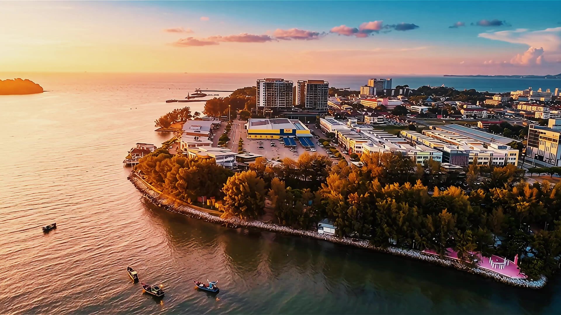 Sunset aerial view of PD Waterfront, Port Dickson