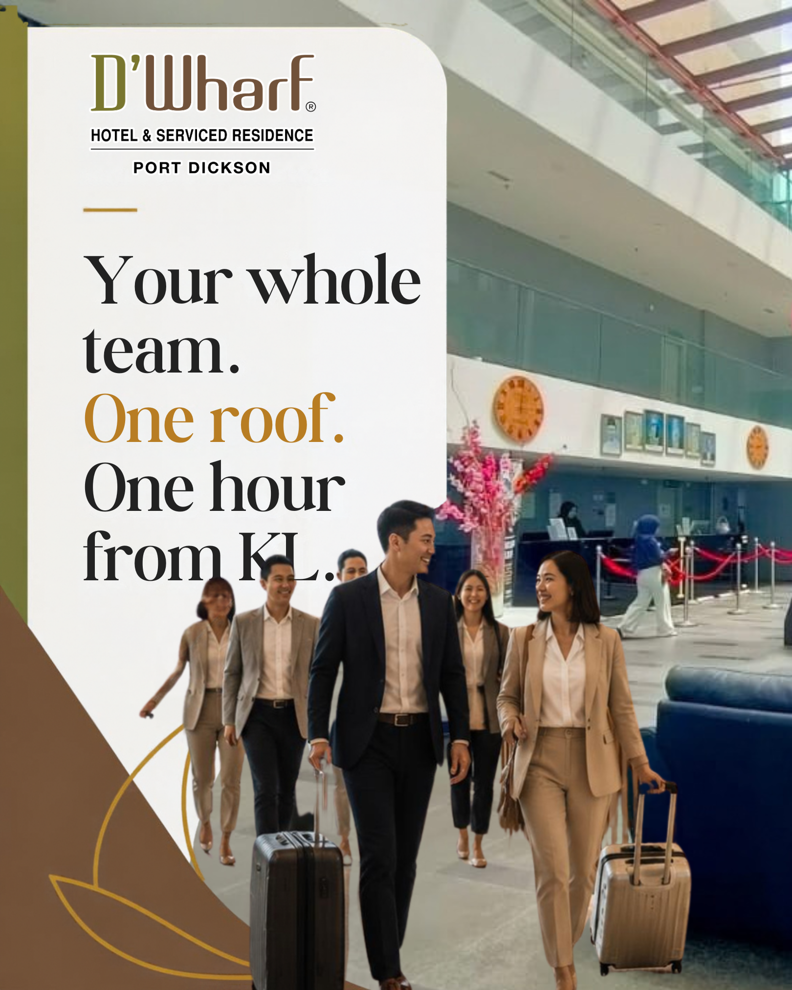 Corporate team arriving with luggage at the D'Wharf Hotel lobby, Port Dickson