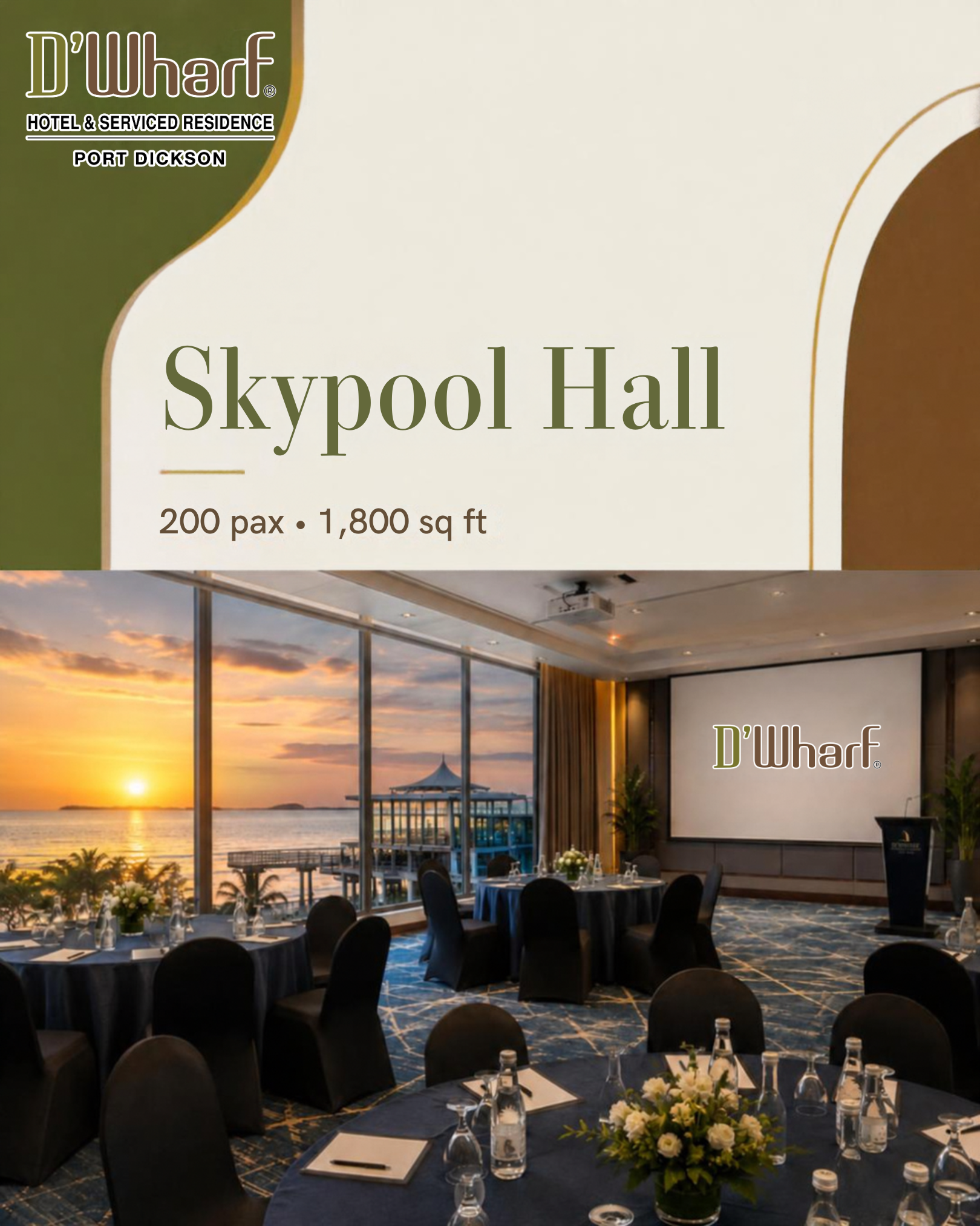 Skypool Hall set up with round tables, screen and rostrum at D'Wharf Hotel