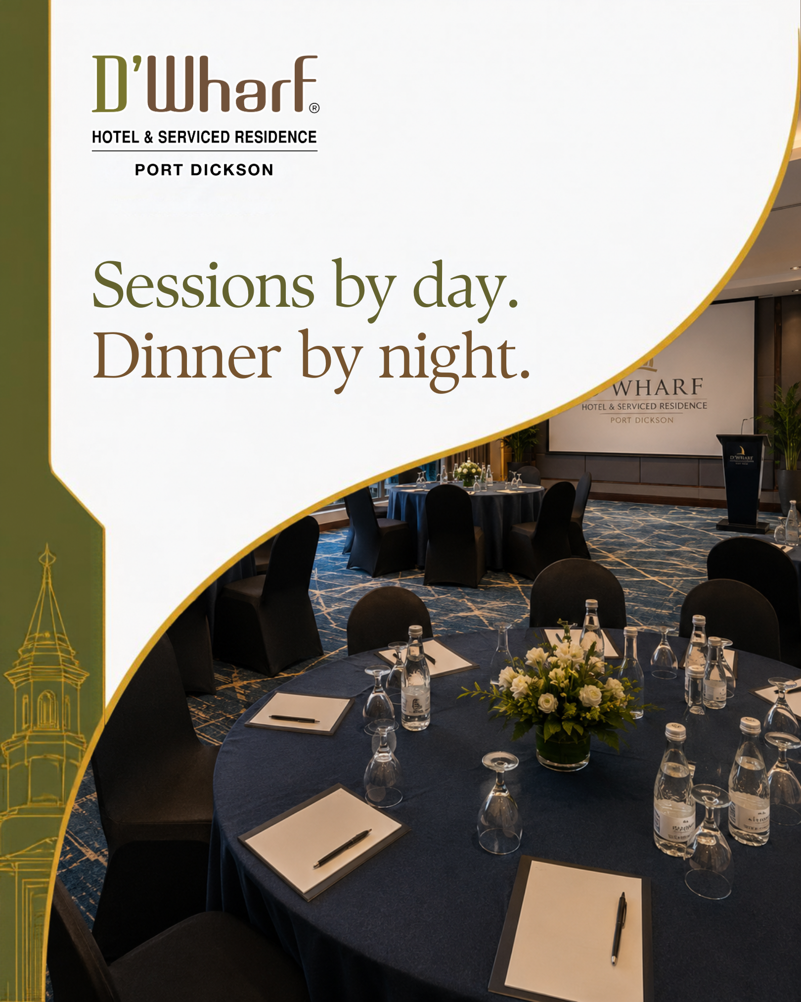 Banquet set-up with notepads and water at a D'Wharf Hotel function room